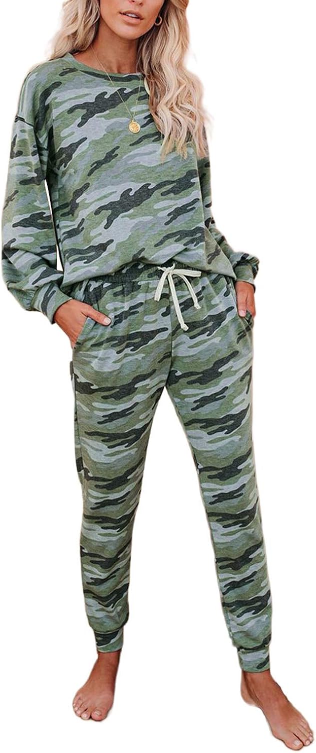 Azokoe Women Camo Printed Long Pajamas Set Long Sleeve Pullover and