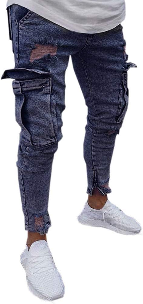 IZHH Men Slim Biker Denim Jeans Skinny Frayed Pants Distressed Rip Trousers