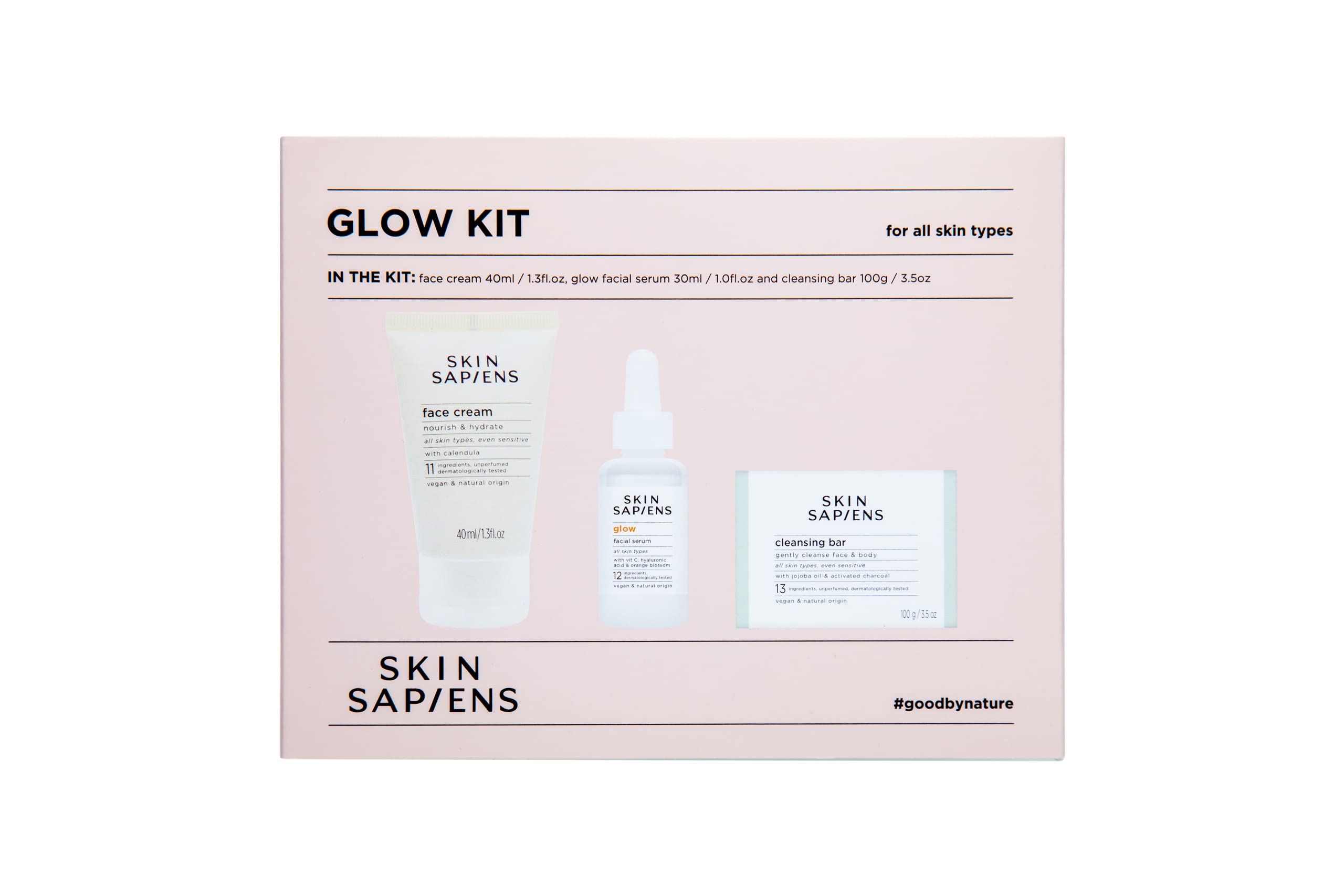 SKIN SAPIENS Glow kit for all skin types, Ecocert Cosmos Natural, Cruelty Free and Vegan Skincare, Soap-Free Cleansing Bar, Nourish & Hydrate Cream, Glow Facial Serum.