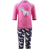 Julysand Toddler Girls' Rash Guard Sets Cartoon Unicorn Two Pieces Flamingo Swimsuit Long Sleeve Swimwear Sun Protection Suit