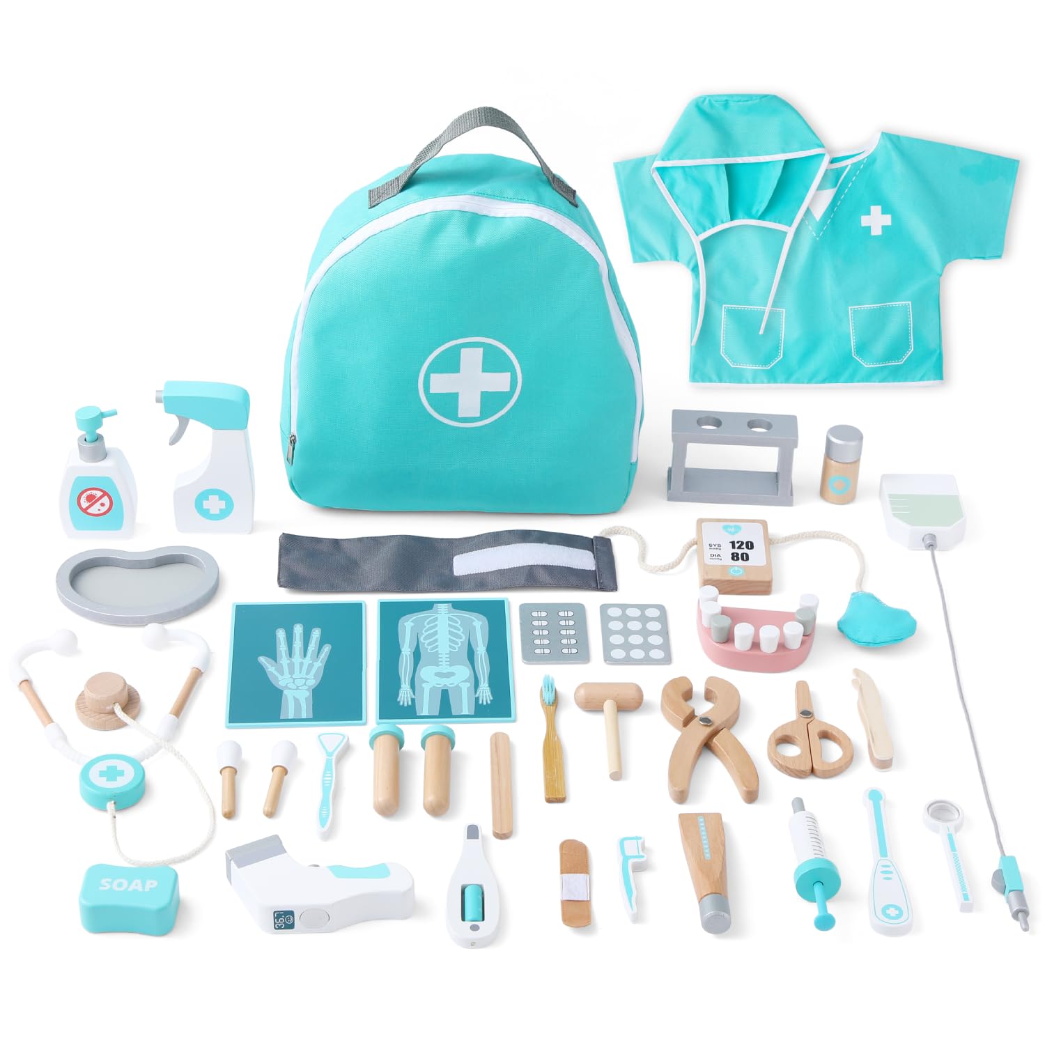 UMU® Deluxe Wooden Doctor Kit for Kids – 36-Piece Pretend Play Set with Stethoscope, Doctor Coat, Dentist Tools & More – Medical Role Play Toy for Children Aged 3 4 5