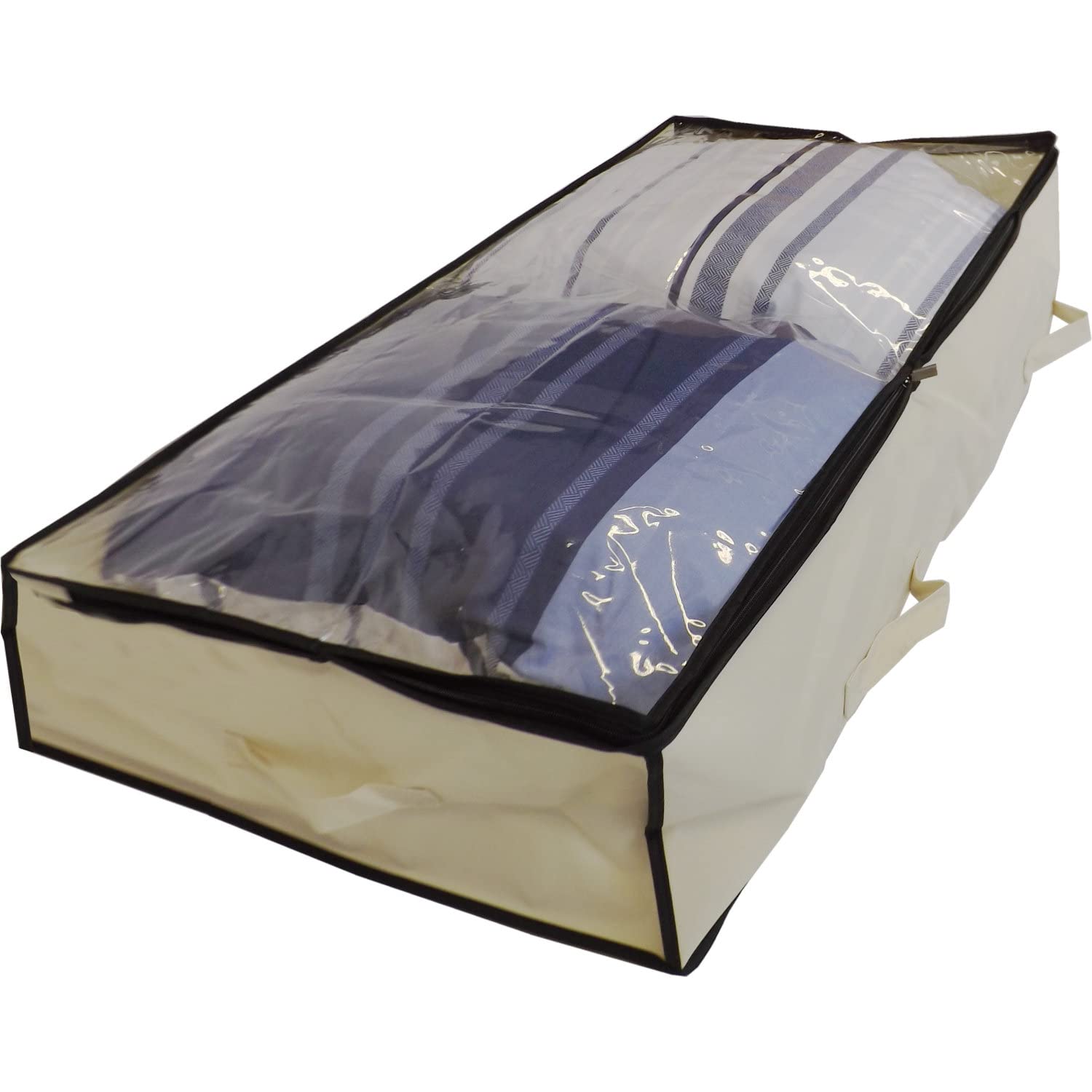 Neusu Large Underbed Storage Bag - With Zip and Transparent Lid - 100L 100x50x20cm - Beige - Ideal Under Bed Storage for Bedding, Clothes, Shoes