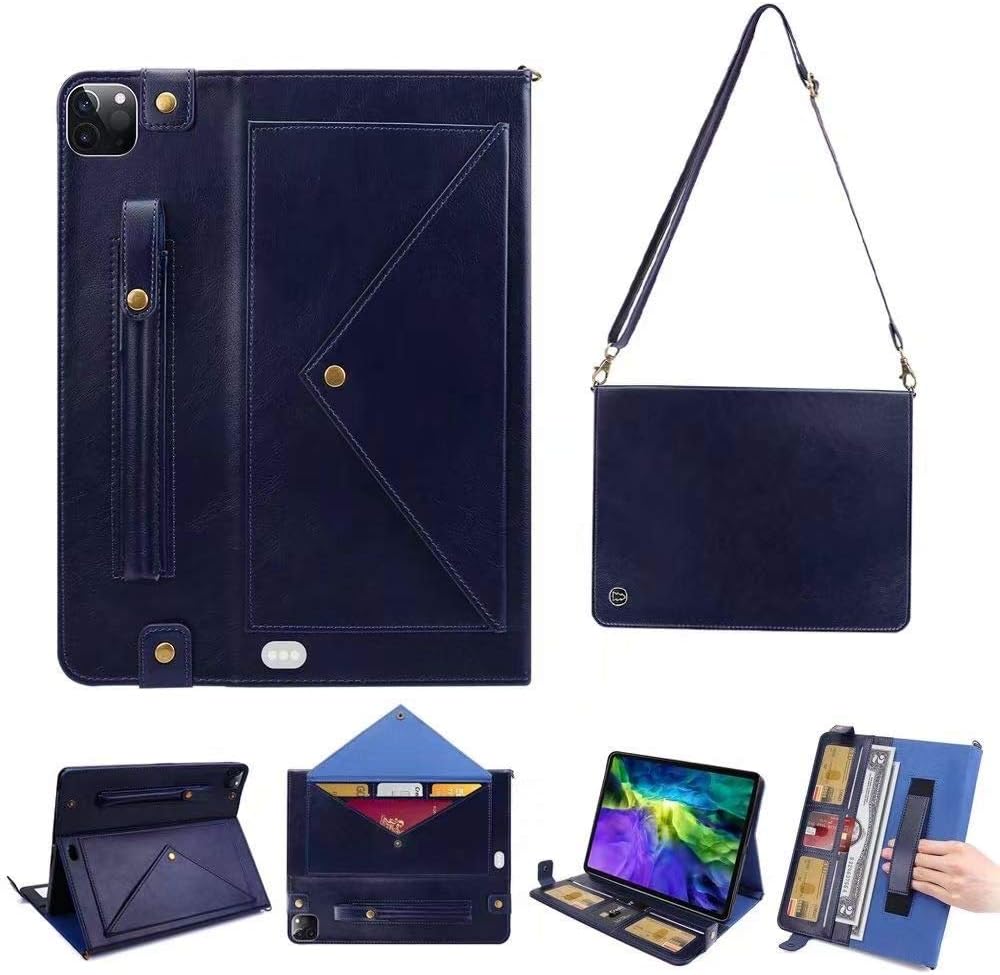 iPad Pro 12.9 inch 2020 Case，2020 4th Generation，with Shoulder Strap PU Leather Envelope Wallet Cover，with Card Holder Cash Pocket and Pencil Stand (iPad Pro 12.9（2020）, Blue)