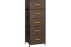 Pellebant Dresser for Bedroom with 5 Drawers, Tall Dresser Vertical Storage Tower, Sturdy Metal Frame, Fabric Storage Bins with Wooden Handle and Wooden Top, Organizer Unit for Closet/Hallway, Brown