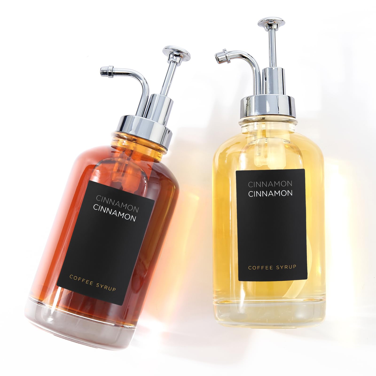 Joyfulmap 2 Coffee Syrup Dispenser with 18 Labels, Coffee Pump Dispenser Coffee Bar, Minimalist Glass Coffee Bottle, Simple Maple/Coffee Syrup Bottles w. set of Black Labels,16.9 oz 500 ml