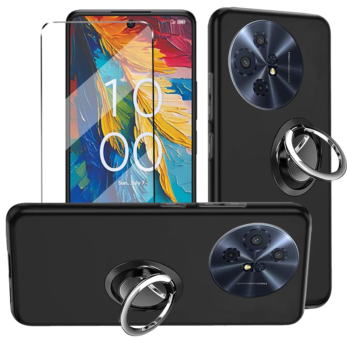 HuiYouMY 3-in-1 Case + Phone holder Ring Compatible with TCL 50 Pro NXTPAPER 5G Cover with 1 Pack Tempered Glass Screen Protector, Slim Fit Soft TPU Shockproof Anti-Scratch Phone Case - Black