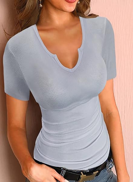 SANDERY WOMENS T-SHIRTS SUMMER CASUAL DEEP V NECK TOPS SLIM FITTED RIBBED BASIC BLOUSE