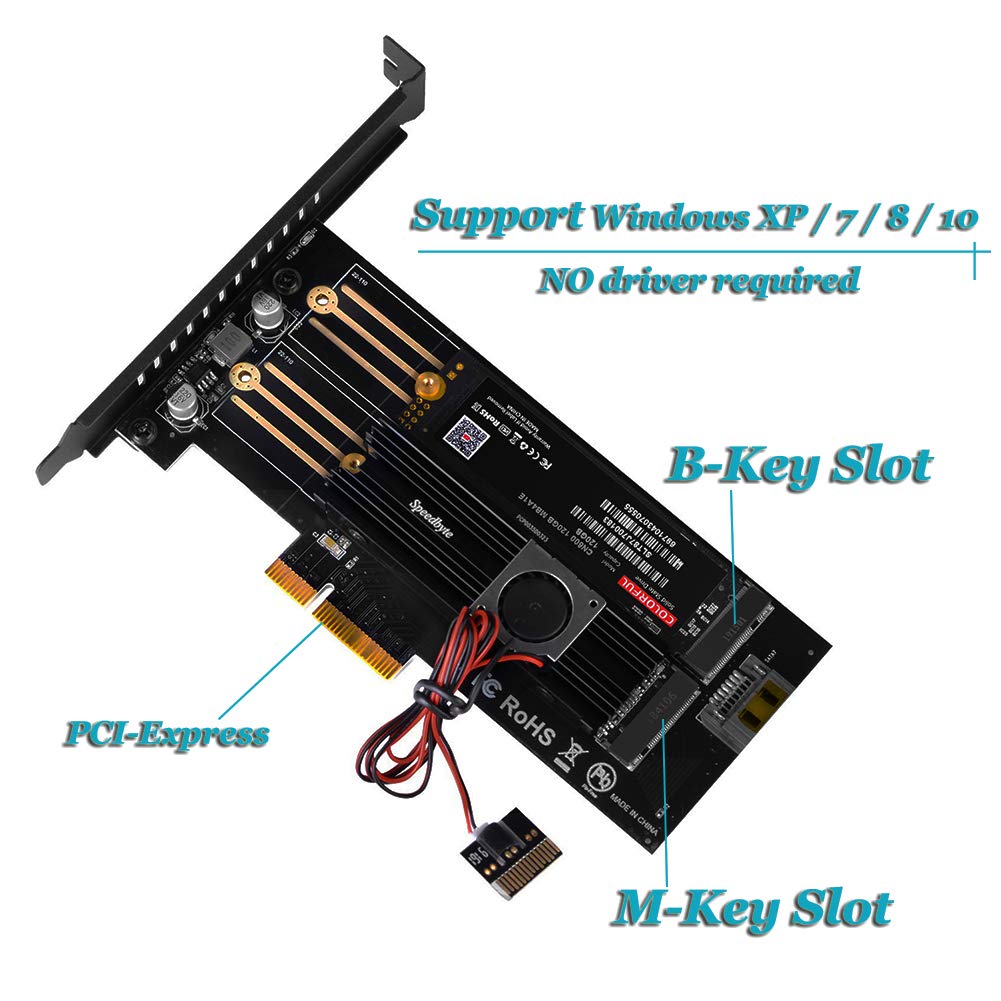 Dual M.2 PCIe Adapter, M.2 NVME SSD (M Key) or M.2 SATA SSD (B Key) 22110 2280 2260 2242 2230 to PCI-e 3.0 x4 Host Controller Expansion Card with SSD Fan Cooler Heatsink for PC Desktop,Black