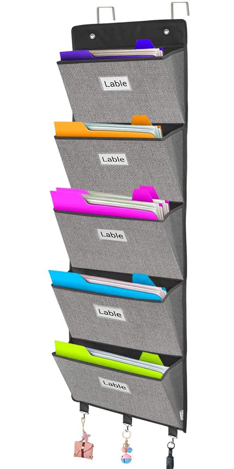 VERONLY Hanging Wall File Folder Organiser - Over Door Storage Magazine Holder with 5 Large Pockets for School Paper,Document,Mails,Books,Newspapers,Letter Behind Pantry Door,Classroom,Office (Grey)