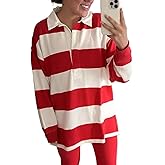 Women Striped Rugby Polo Shirt Y2k Oversized Lapel Collared Pullover Tops Loose Fit Button Up Long Sleeve Shirts
