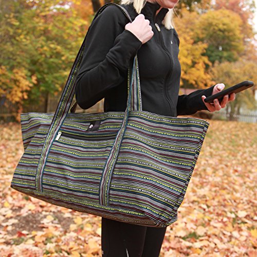 Aurorae Yoga Tote Bag, Extra Wide to Fit Most Yoga Mats and Accessories, in a Geometric Blue Coated Woven Pattern
