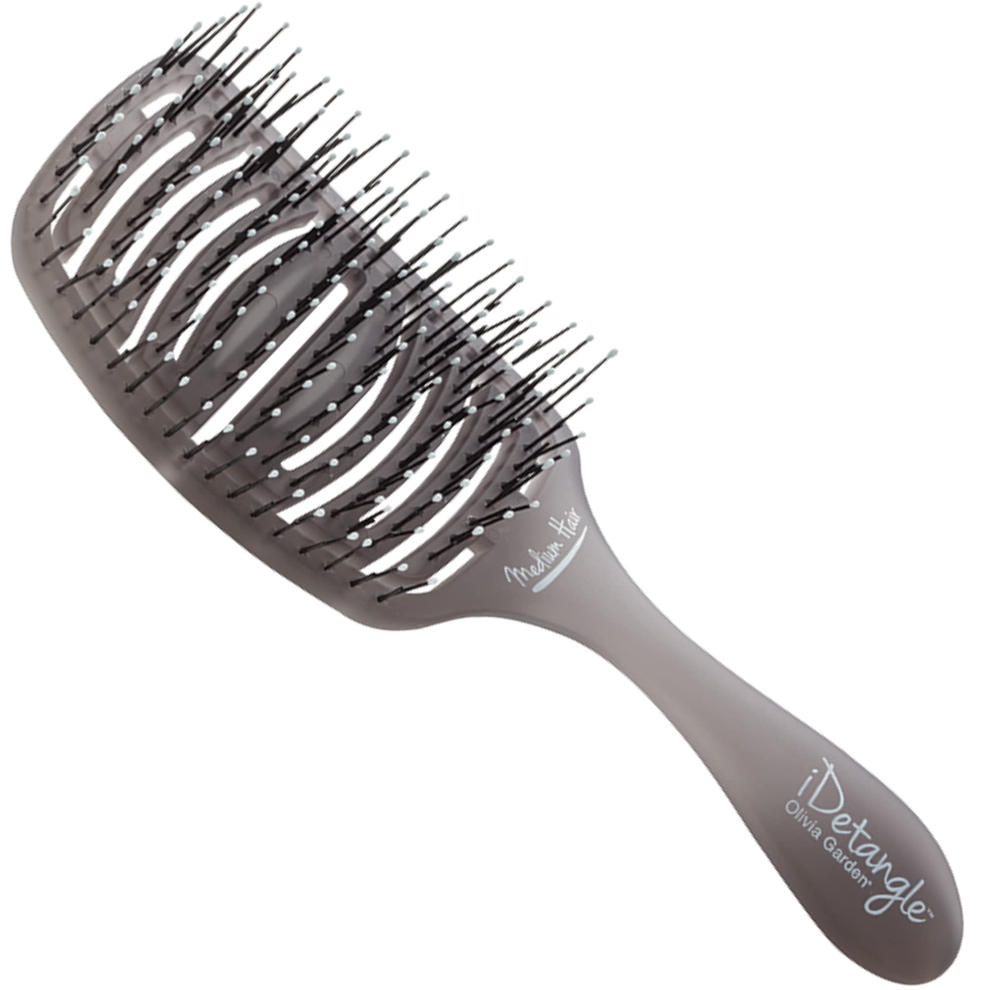 Olivia Garden - iDetangle Hairbrush for Medium Hair - Detangler for Wet & Dry Hair - Easy & Painless Detangling - Women, Men & Children - Flexible Curved Detangle Hair Brush for Regular Hair - Grey