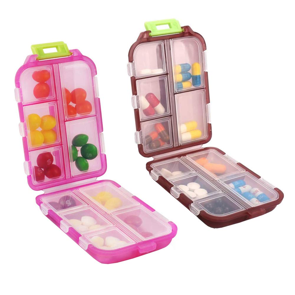 2 Pack Travel Pill Organizer, Portable Pill Case, Pill Box Dispenser, with 10 Compartments for Different Medicines for Purse Vitamin Fish Oil Compartments Container Medicine Box (Light Red+Dark red)