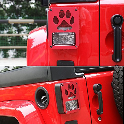 KUJOOY Pair Aluminum Alloy Paw Print Tail Light Guard Cover Rear Lamp Cover Trim for Jeep Wrangle (Red)