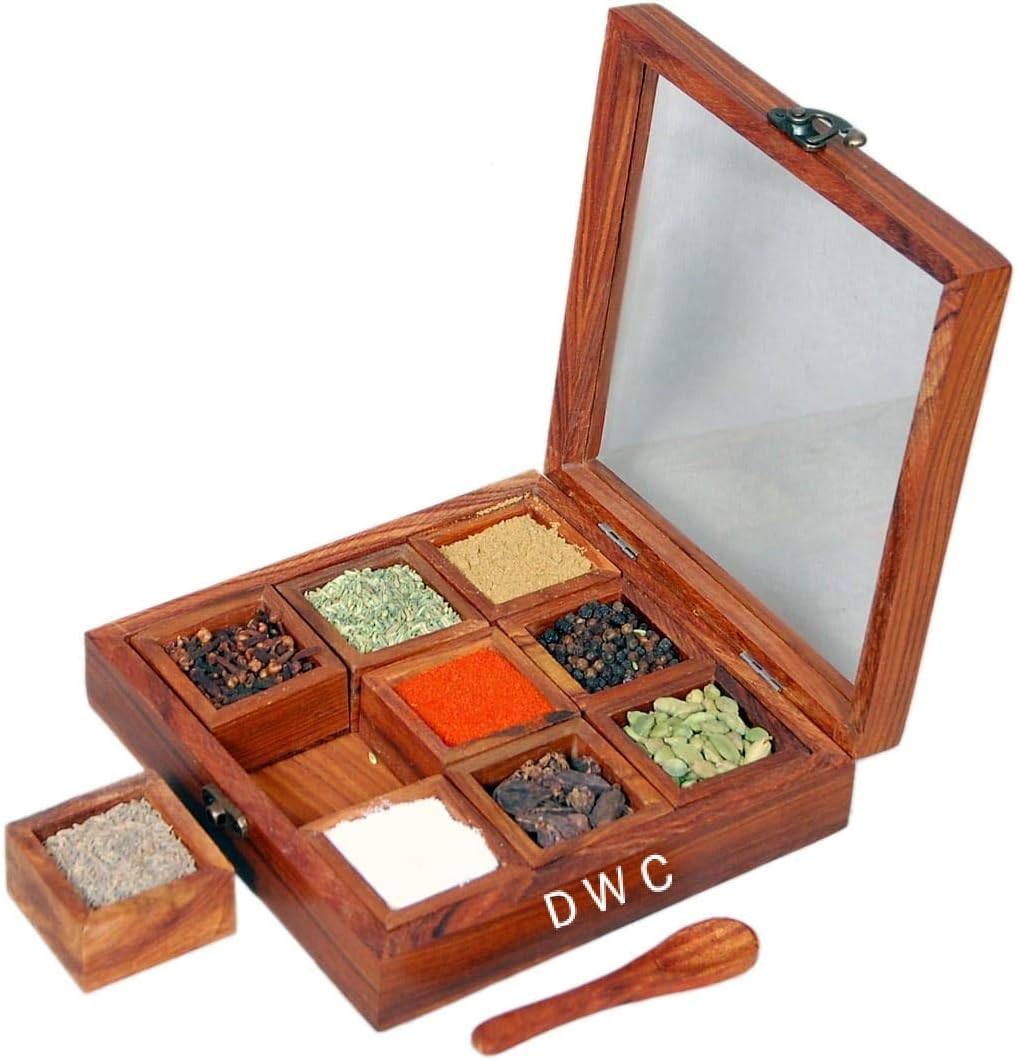 Buy Delux Wood Carver Spice Box with Spoon in Shesham WoodSpice Box
