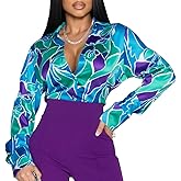 Buchona Outfits for Women Collar Blouses Button Down Shirts Colorful Long Sleeve Floral Print Tops Loose Sexy T-Shirts