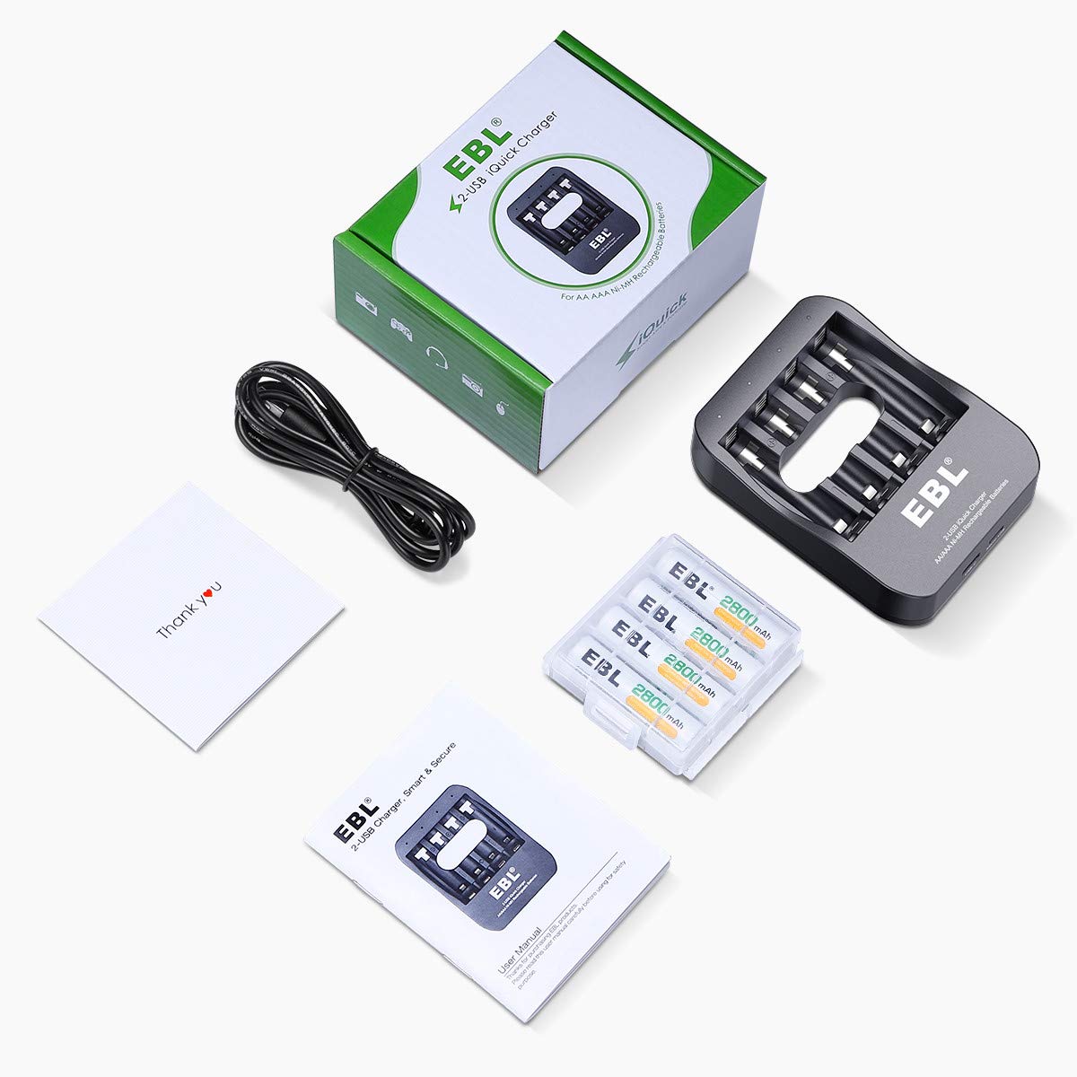 EBL USB Schnell Akku Ladegerät für AA, AAA, NI-MH wierderaufladbare Batterie inkl. 4xMignon AA Akku, 2-USB Port, Schnell Aufladung, tragbar für Unterwegs