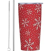 YIKISSKID Red Snowflake 20oz Tumbler with Lid and Straw for Women Men, Christmas Snowflake with White Polka Dot Design Insulated Mug Stainless Steel Tumbler Double Wall Vacuum Travel Mug Coffee Cup