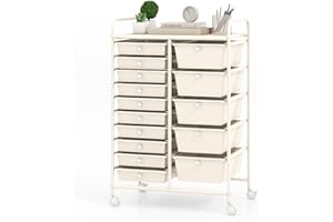 GLACER 15 Drawers Rolling Cart, Storage Cart with w/Removable Drawers & Steel Frame, Multipurpose Organizer Cart w/Sleek Handle, Utility Cart on Lockable Wheels for Home, School, Office (White)