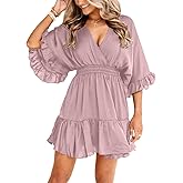 Aoysky Womens V Neck Casual Dresses Summer Loose High Waist Ruffle Pleated Cute Mini Short Dress