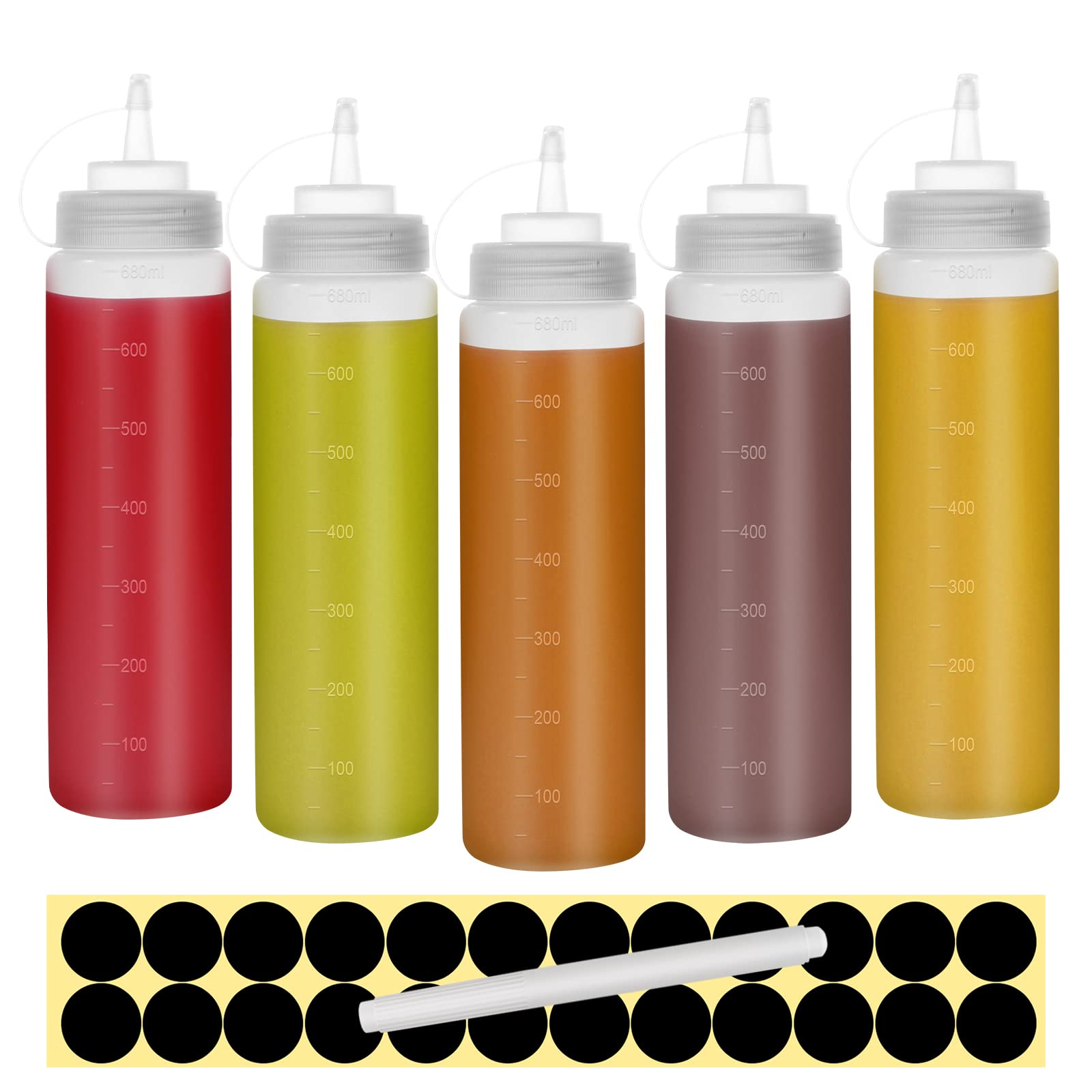 Happybase 22oz Squeeze Bottles with Caps, 5 Pack Squeezy Sauce Bottles, Plastic Squeeze Dispensers with Measurements for Ketchup, BBQ, Sauces, Syrup, Dressings(24 Black Labels, 1 Pen)