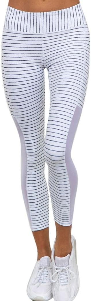 Hmeng Women Fitness Tights Workout Running Leggings High Waist Striped Printed Mesh Yoga Pants