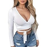 Artfish Women Sexy Deep V Neck Crop Top Bandage Wrap Tie Tight Cropped Fitted Cleavage Shirts