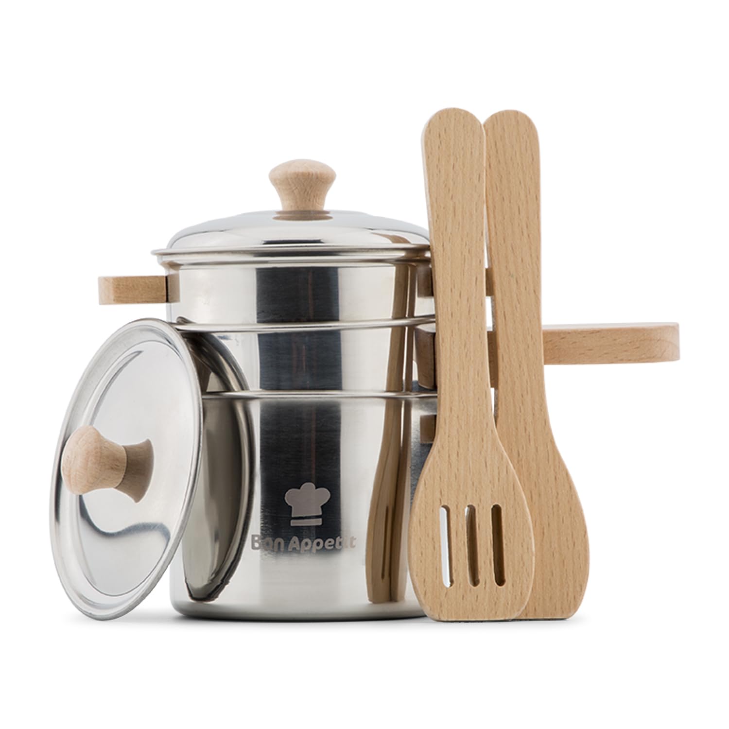 Woet® Metal Pan Set for Kids - 7 Pieces with Wooden Handles - Pretend Play Kitchen Toy - Role Play Kitchen Toy - Age 2 Years+