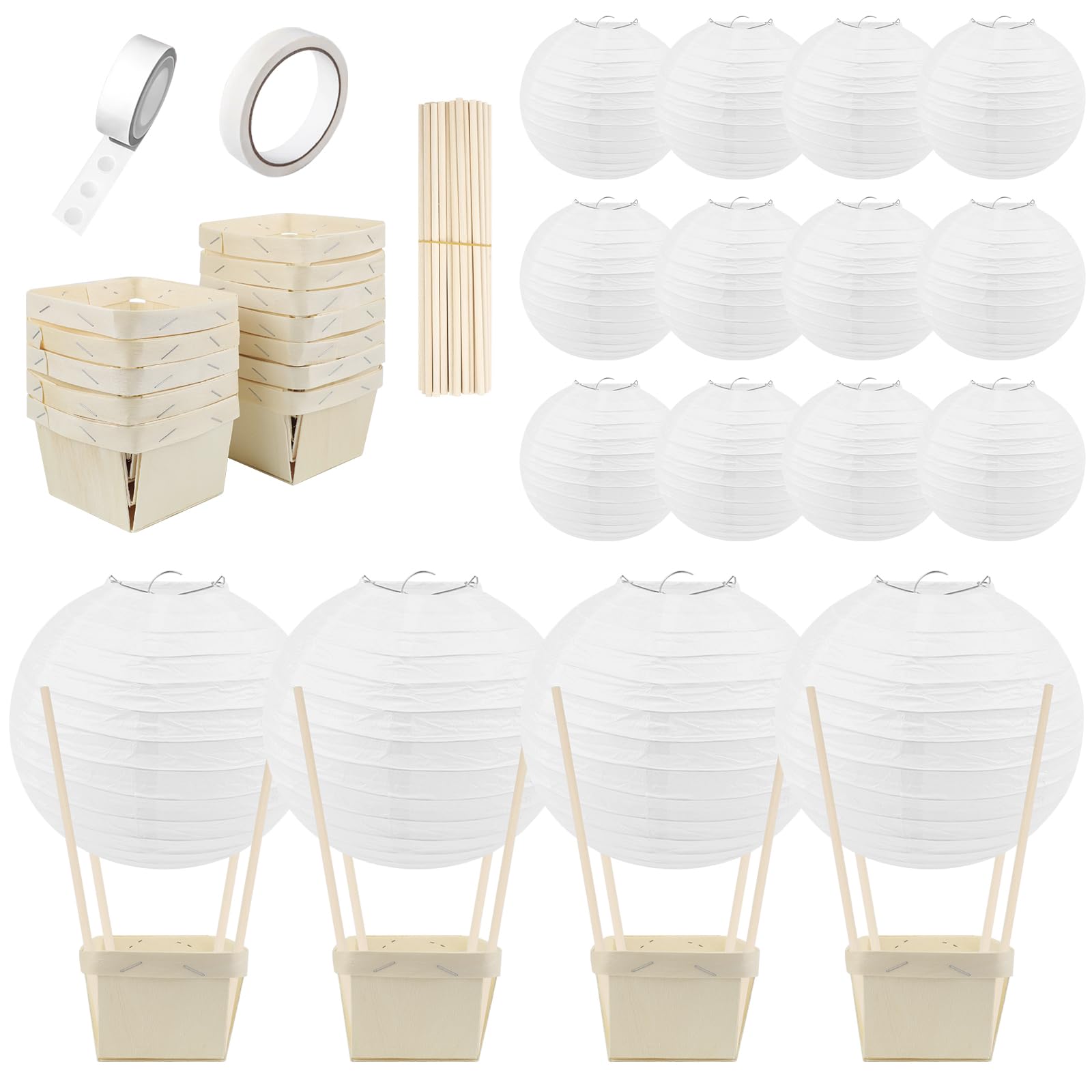 Photo 1 of 12PCS Hot Air Balloon Paper Lanterns Table Centerpieces Decoration DIY Paper Lanterns Wooden Berry Boxes with Sticks for Birthday Wedding Party Table Decor Christmas Party Decor Gift (White)