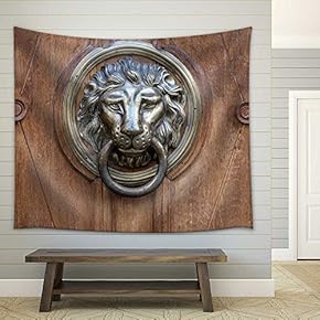 Old Door Handle in The Form of a Metal Lion Background - Fabric Wall Tapestry Home Decor - 51x60 inches
