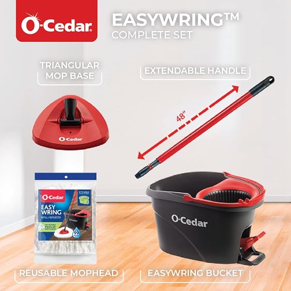 O-CEDAR EASYWRING MICROFIBER SPIN MOP, BUCKET FLOOR CLEANING SYSTEM, RED, GRAY, STANDARD