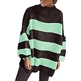 Saodimallsu Womens Oversized Striped Sweater Mock Neck Chunky Knit Lantern Long Sleeve Fall Trendy Tunic Sweaters Top