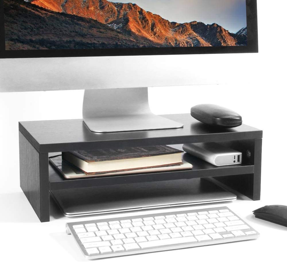 Wood Monitor Stand Riser, Astoryou 16.5 Inch 2 Tiers Desk TV Shelf Computer Monitor Stand, Versatile Storage Shelf & Screen Holder for Home Office Business, Black