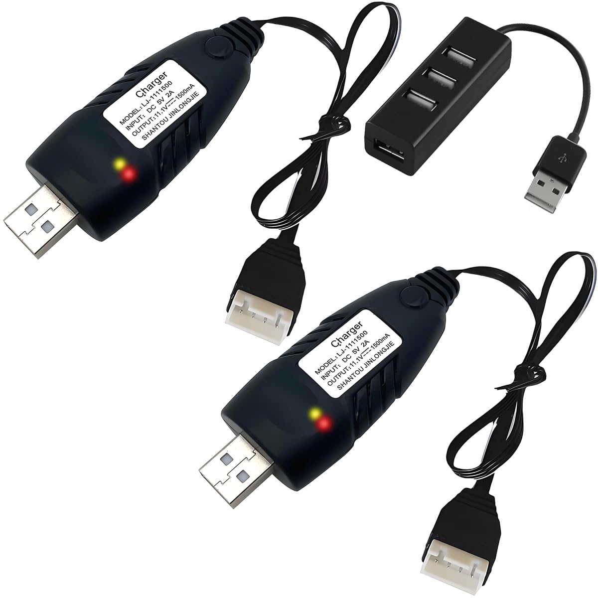 ZHUROUPU 2Pcs 11.1V XH-4P Lipo Battery USB Charger Cable, 3S 2A RC Charges with XH-4P Plug Connector IC Smart Chip Auto Power Cut for RC Car Boat Plane Drone Truck with 4 Port USB 3.0 Hub Splitter