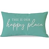 PANDICORN This is Our Happy Place Throw Pillow Cover 12x20 Inch Modern Farmhouse Turquoise Outdoor Spring Summer Beach Decorations Lumbar Decorative Pillow Case for Living Room Bedroom Couch Decor