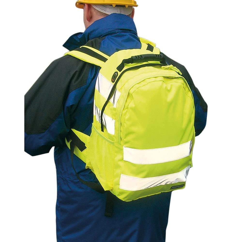 Portwest B905 Hi Vis Safety Backpack 25L Reflective Work Rucksack with Phone Pocket Padded Straps EN ISO 20471 Durable 600D Polyester High Visibility, Yellow