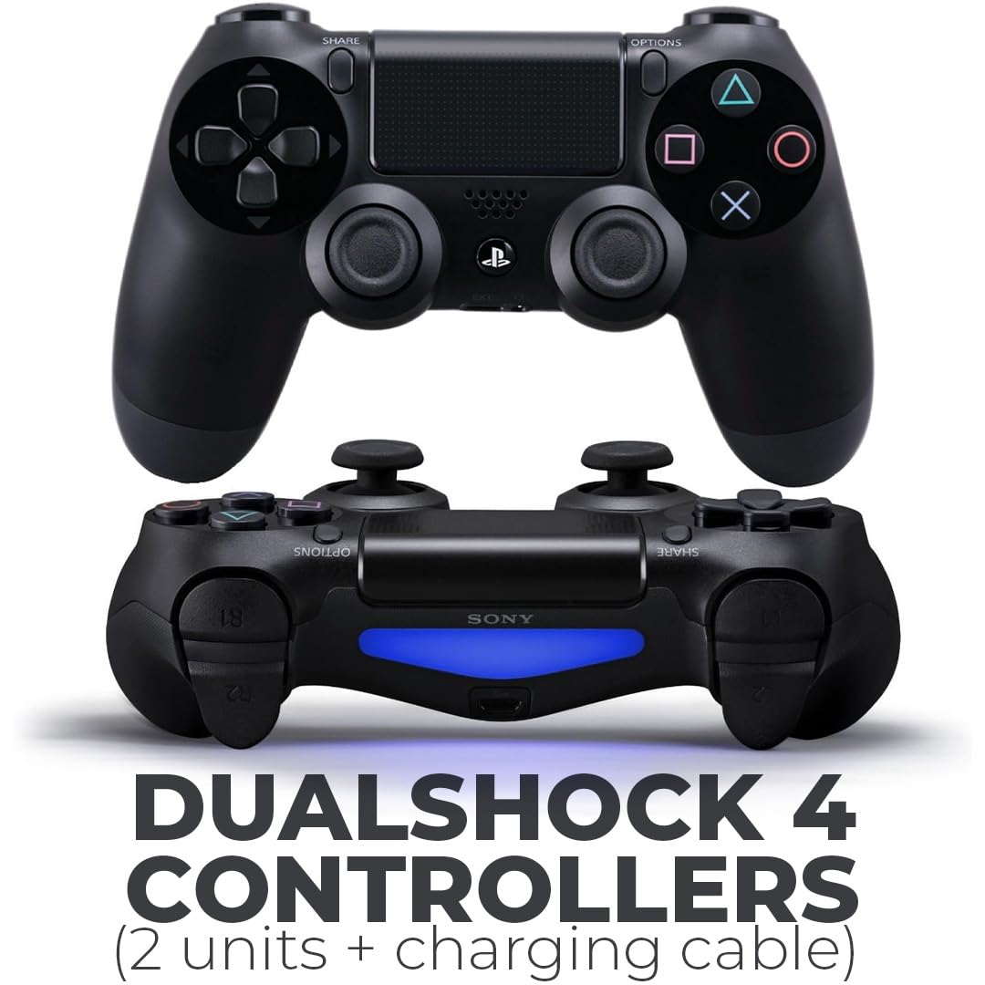 PlayStation 4 Slim 500GB Console Bundle - Includes the PS4 Slim Console 500GB, 2 Dualshock 4 Wireless Controllers, MicroUSB Charging Cable, HDMI cable, Wired Earbuds and Microfiber Cloth (Renewed)