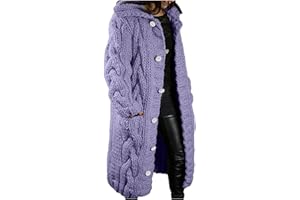 FAVIPT Womens Long Cardigan Hooded Sweaters Winter Cable Knit Chunky Sweaters Oversized Long Sleeve Coat with Pockets