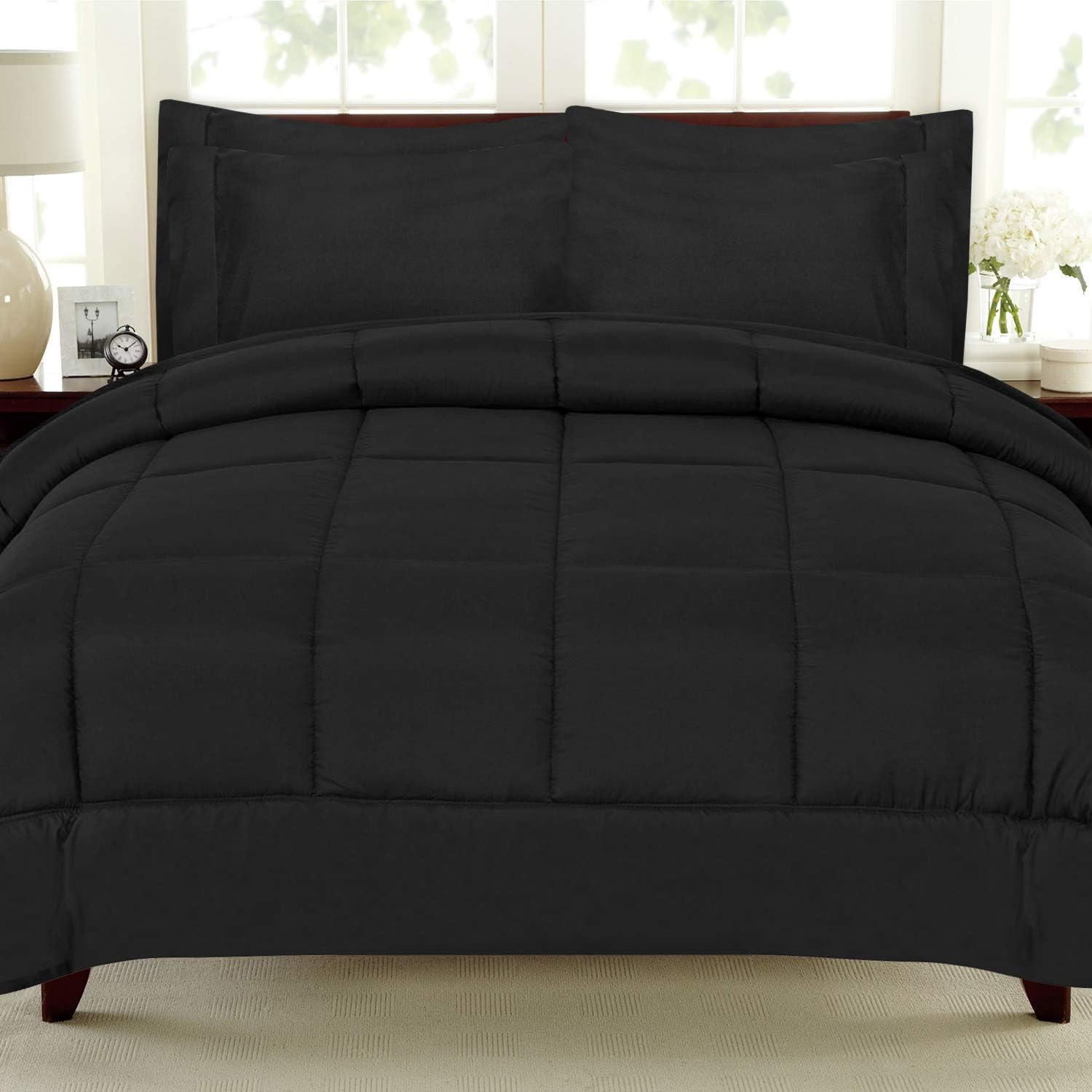 Sweet Home Collection 5 Piece Bag Comforter Set Solid Color All Season Soft Down Alternative Blanket & Luxurious Microfiber Bed Sheets, Twin, Black: Home & Kitchen