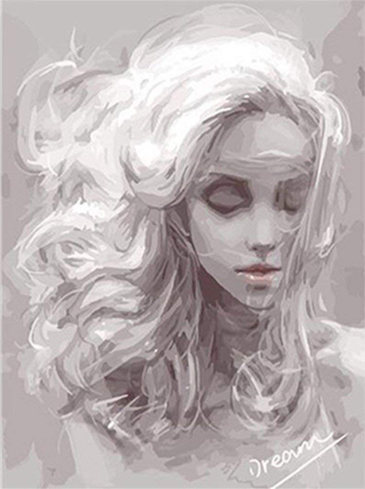 ABEUTY DIY Fabric Decorating Kits, Paint by Numbers White-Haired Woman Beauty 16x20 inches Number Painting Wall Art (Girl 1, Wooden Framed)