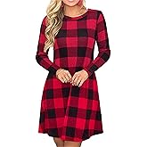 PRIMODA Women's Long Sleeve Empire Waist Buffalo Plaid Midi Swing Dress with Belt