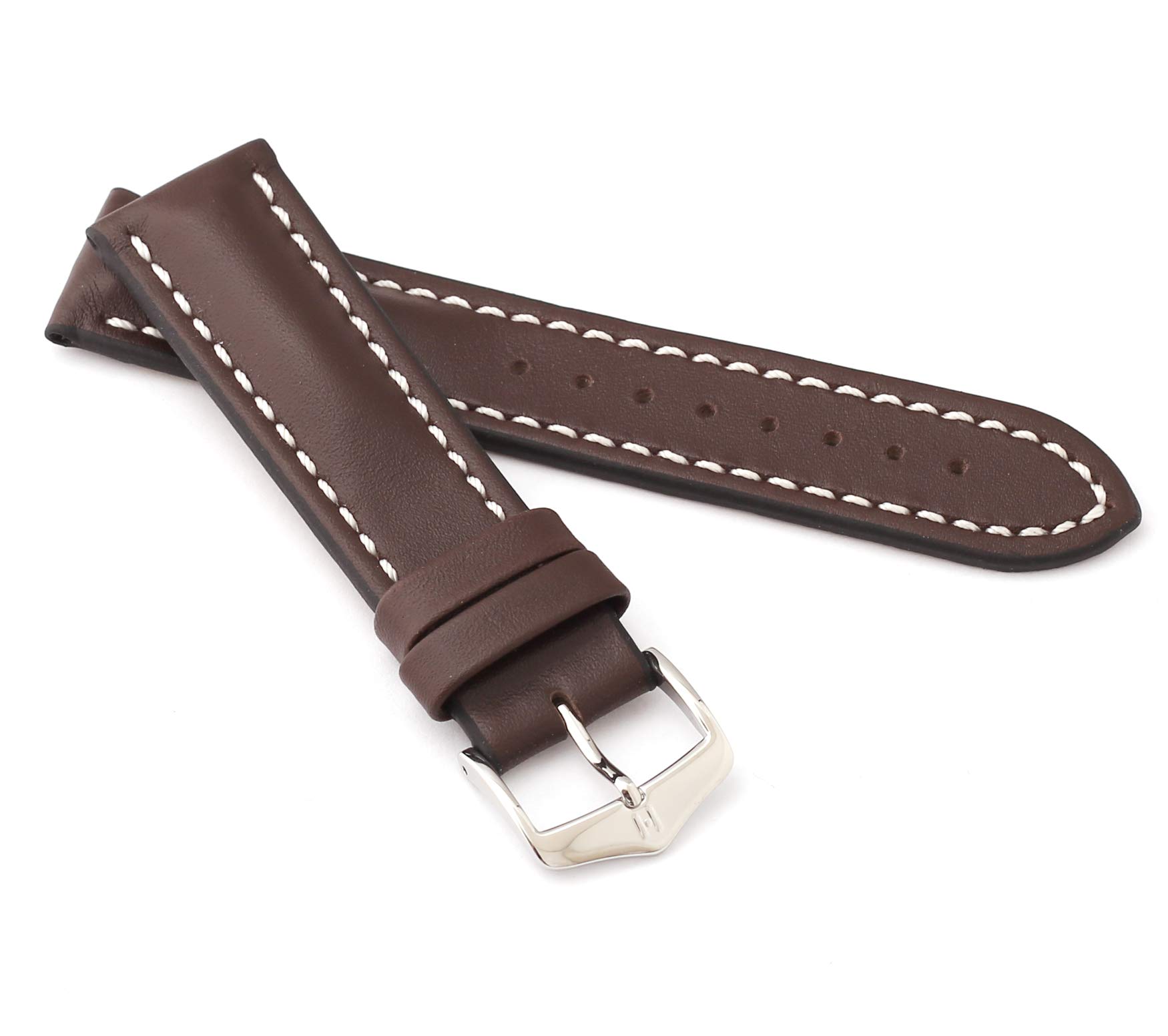 HIRSCH Heavy Calf L, Contrast Stitching Watch Strap in Brown, 18 mm, Steel Buckle
