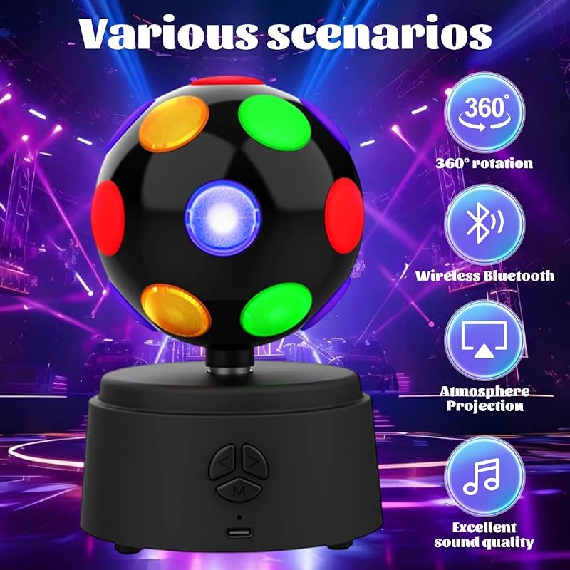 Disco Kugel, Drehende Discokugel 360-Grad, Disco Ball mit mehrfarbigen LED, Disco Licht 3D - Unterstützt Bluetooth-Verbindung, Hohe Kompatibilität, Stereo-Surround-Sound-Effekt
