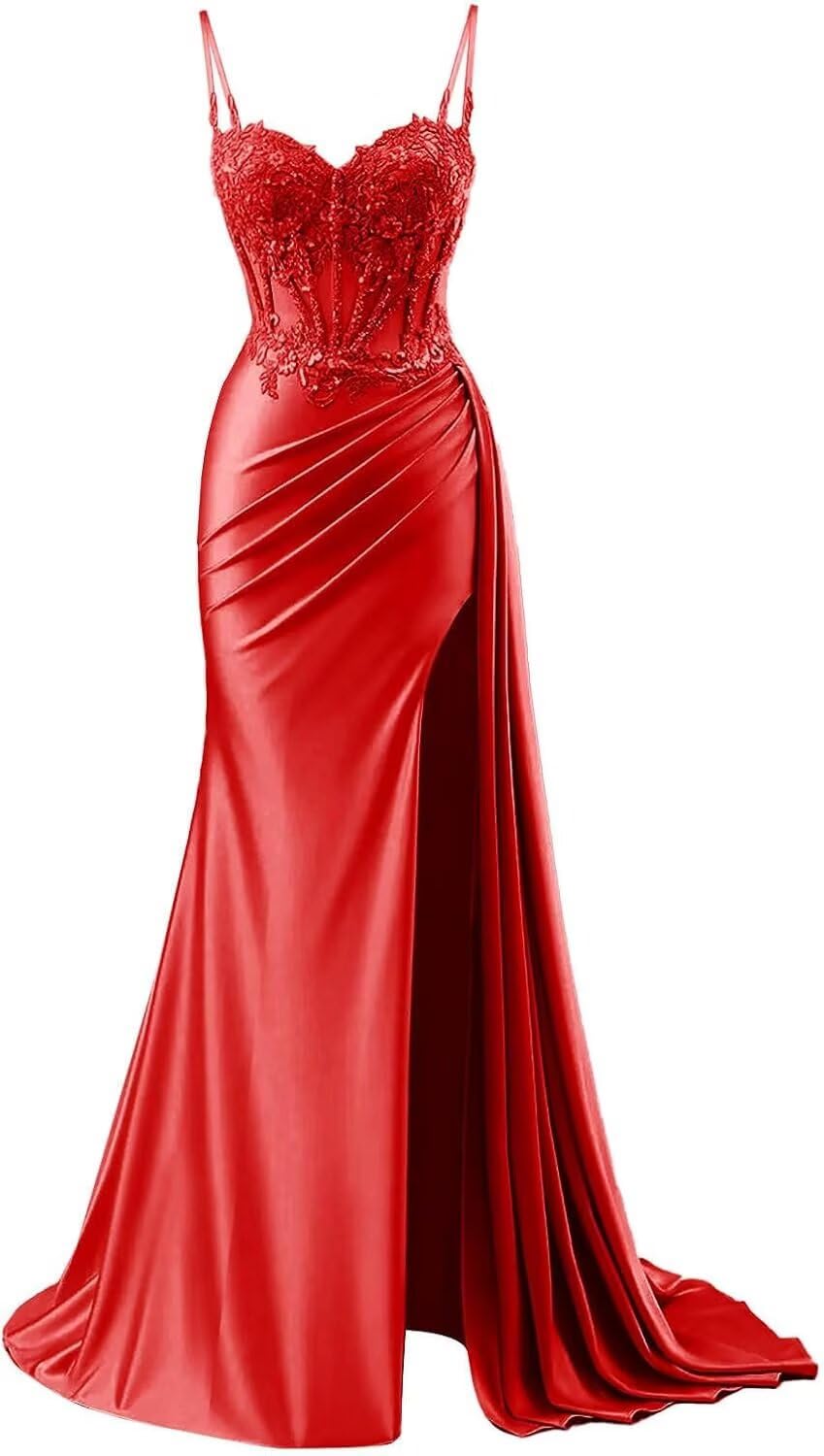 INEWER Spaghetti Straps Lace Prom Dress Red for