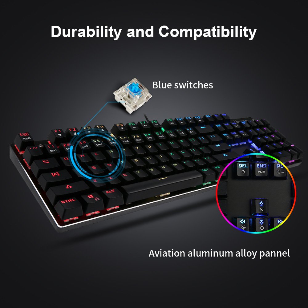 RGB LED Mechanical Gaming Keyboard - Hcman USB Wired Backlit Keyboards Blue Switches,15 Backlit Modes,Customizable Color Lighting,Metal Plate Anti-ghosting for Computer PC,Mac Gamers 104 Keys (Black)