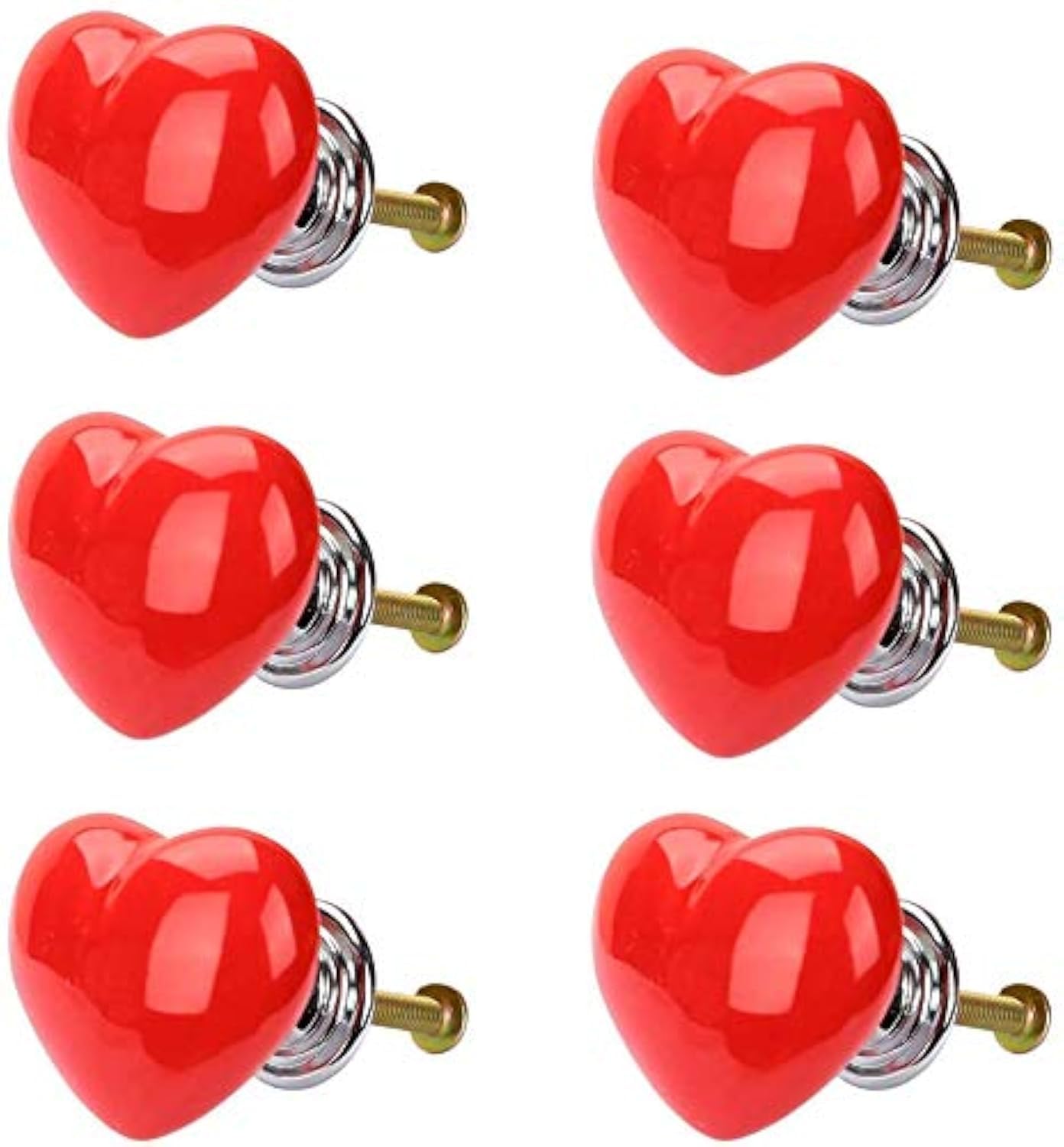 POFET 6pcs Heart-Shaped Dresser Drawer Cabinet Knobs Vintage Door Handle Ceramics Furniture Pulls for Kitchen Wardrobe Cupboard Kids Room Decorative - Red