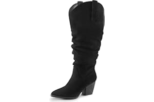 mysoft Women's Wide Calf Knee High Boots Cowgirl Low Chunky Stacked Heel Wide Width Pointed Toe Slouchy Tall Boots with Zippers