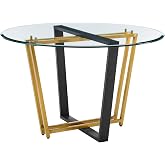 Armen Living Devi 48" Round Dining Table in Gold Stainless Steel and Black Iron Base with Glass Tabletop