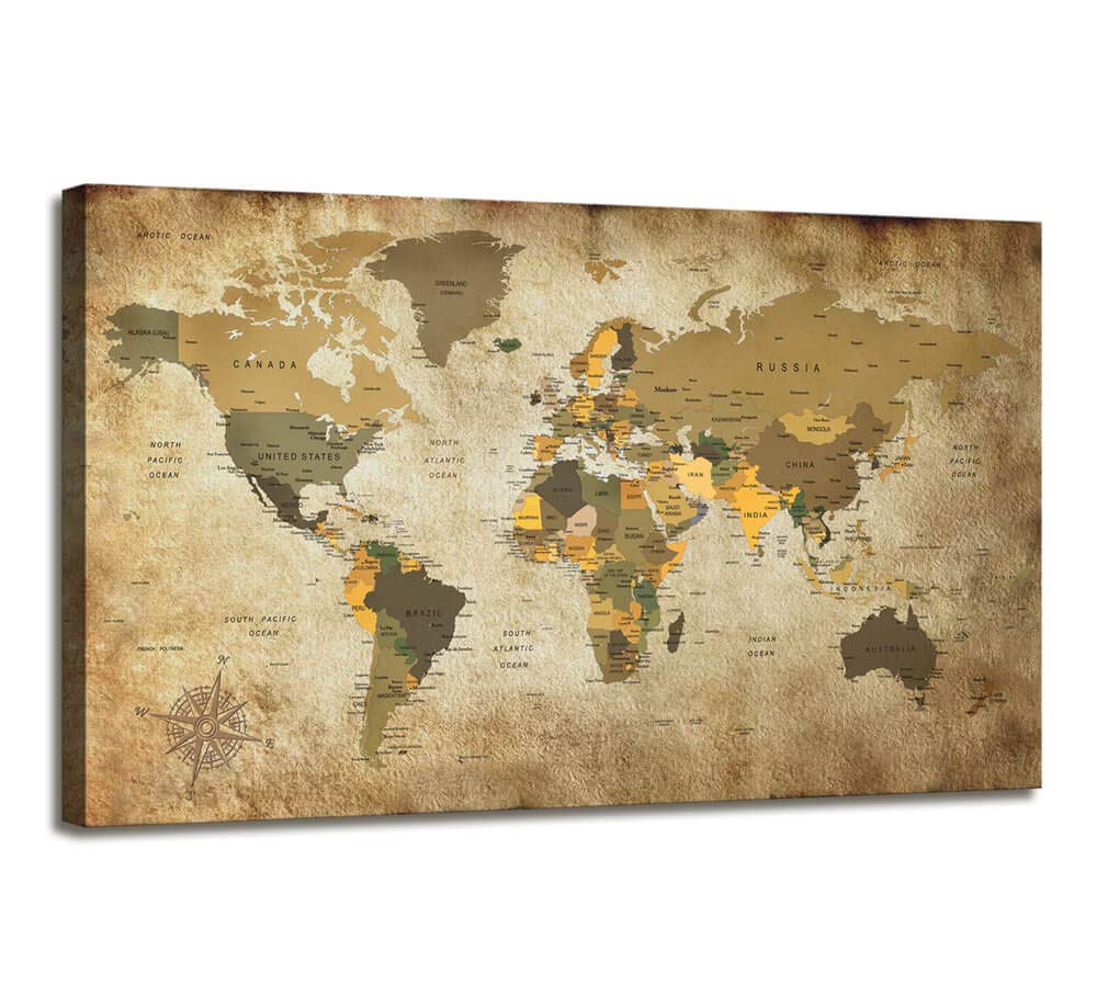 Canvas Wall Art World Map Poster Nautical Decor Modern Framed Art Map of The World Vintage Artwork Canvas Print Wall Map Pictures for Wall Painting for Office Wall Art Travel Memory for Home Decor