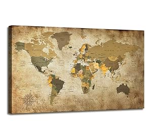 Canvas Wall Art World Map Poster Nautical Decor Modern Framed Art Map of The World Vintage Artwork Canvas Print Wall Map Pictures for Wall Painting for Office Wall Art Travel Memory for Home Decor